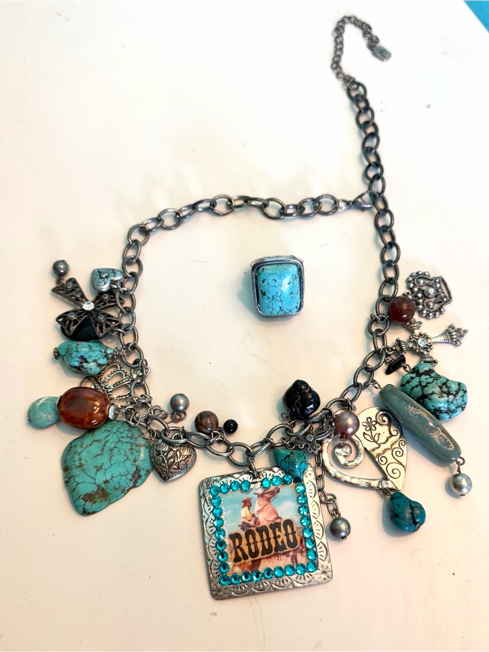 Vintage Yousi Turquoise Charm Statement Necklace with Matching Ring